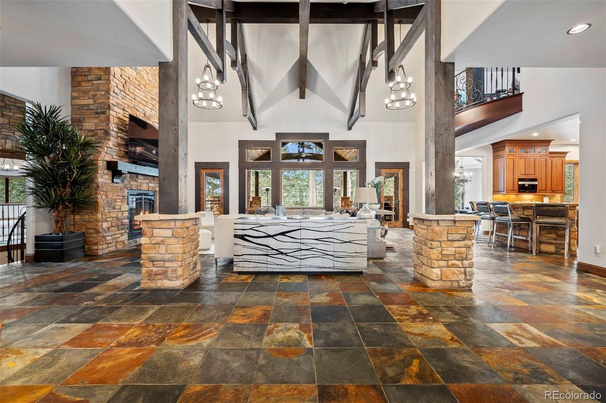 Fireplace, Interior, Kitchen, Living room, Pendant Lights, Recessed Lighting