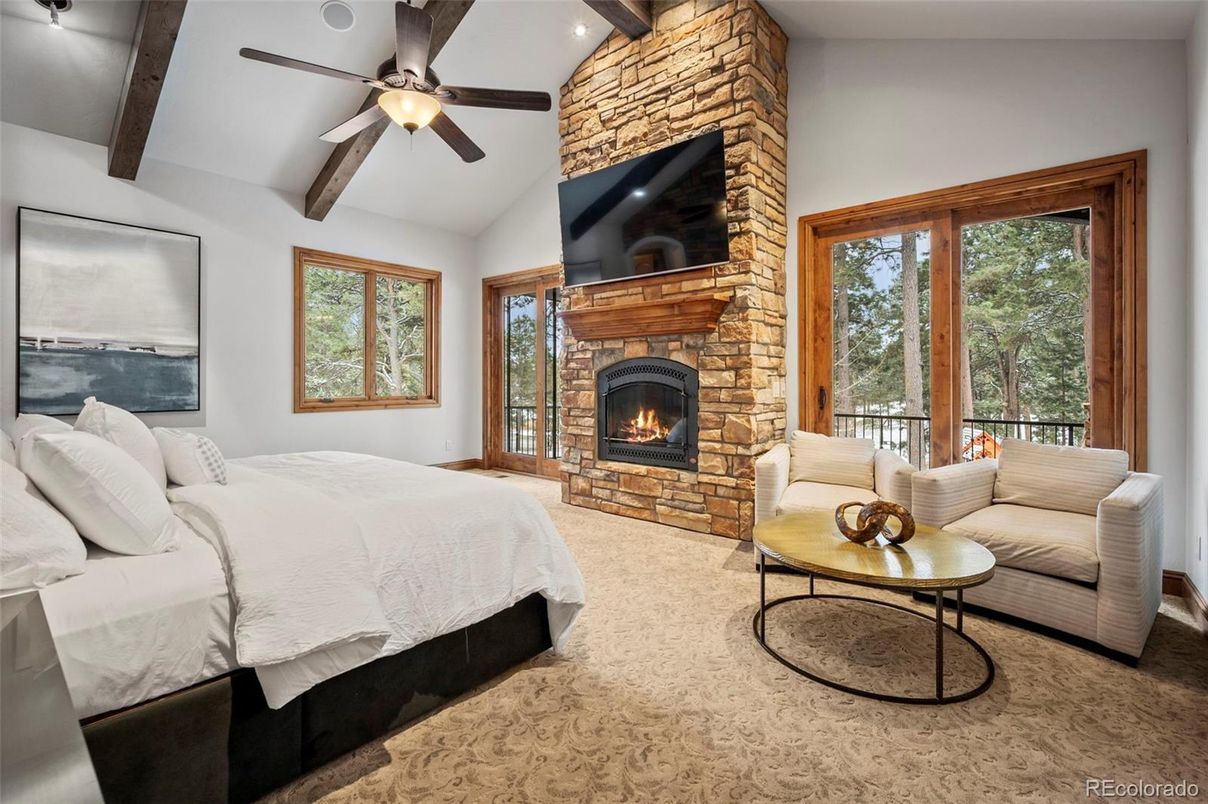 Bedroom, Fireplace, Interior, Recessed Lighting, Wooden Beams