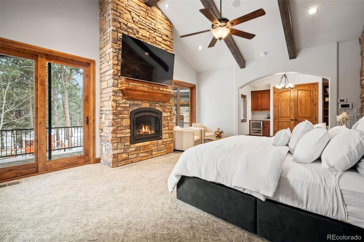 Bedroom, Fireplace, Interior, Recessed Lighting, Stone Walls, Wooden Beams