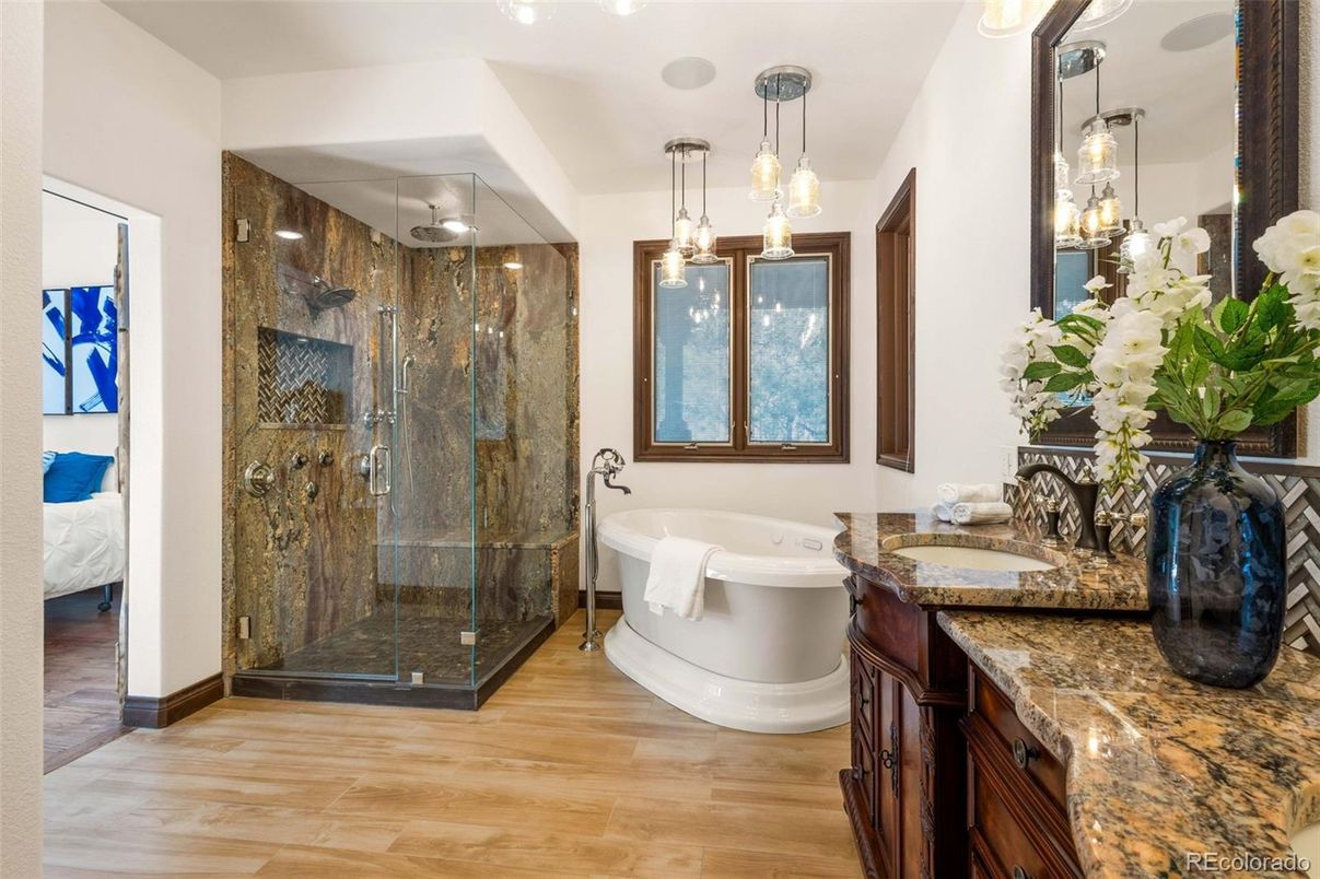 Bathroom, Free Standing Baths, Glass Shower, Interior, Pendant Lights, Wood Texture Flooring