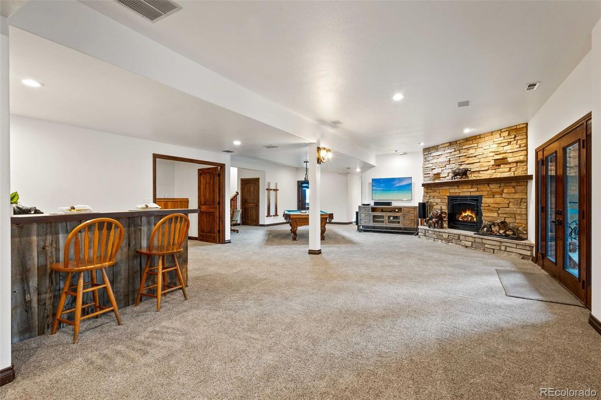 Billiard Table, Fireplace, Game Room, Interior, Recessed Lighting, Stone Walls