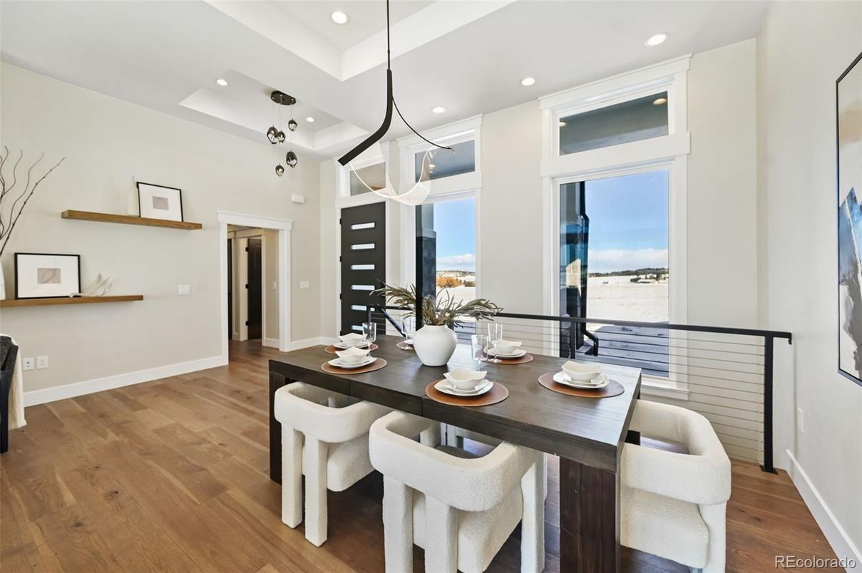 Dining room, Interior, Pendant Lights, Recessed Lighting, Wood Texture Flooring