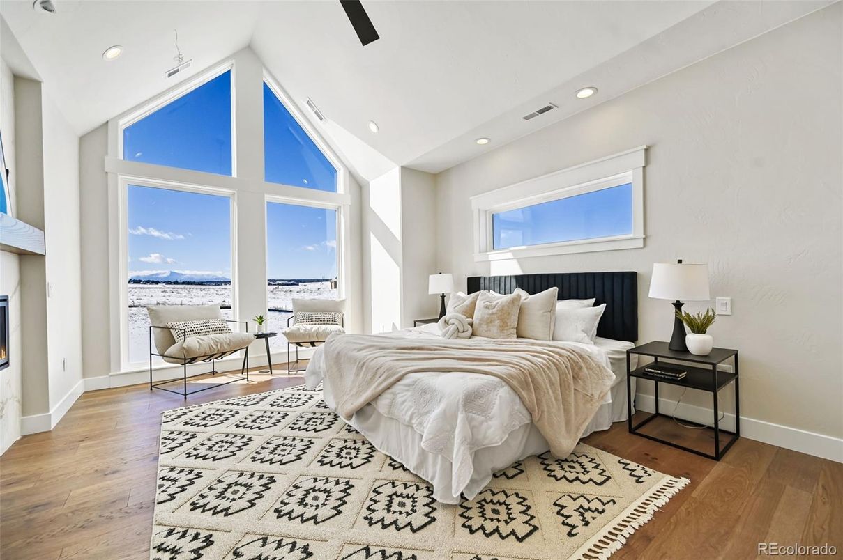 Bedroom, Fireplace, Interior, Recessed Lighting, Water, Wood Texture Flooring