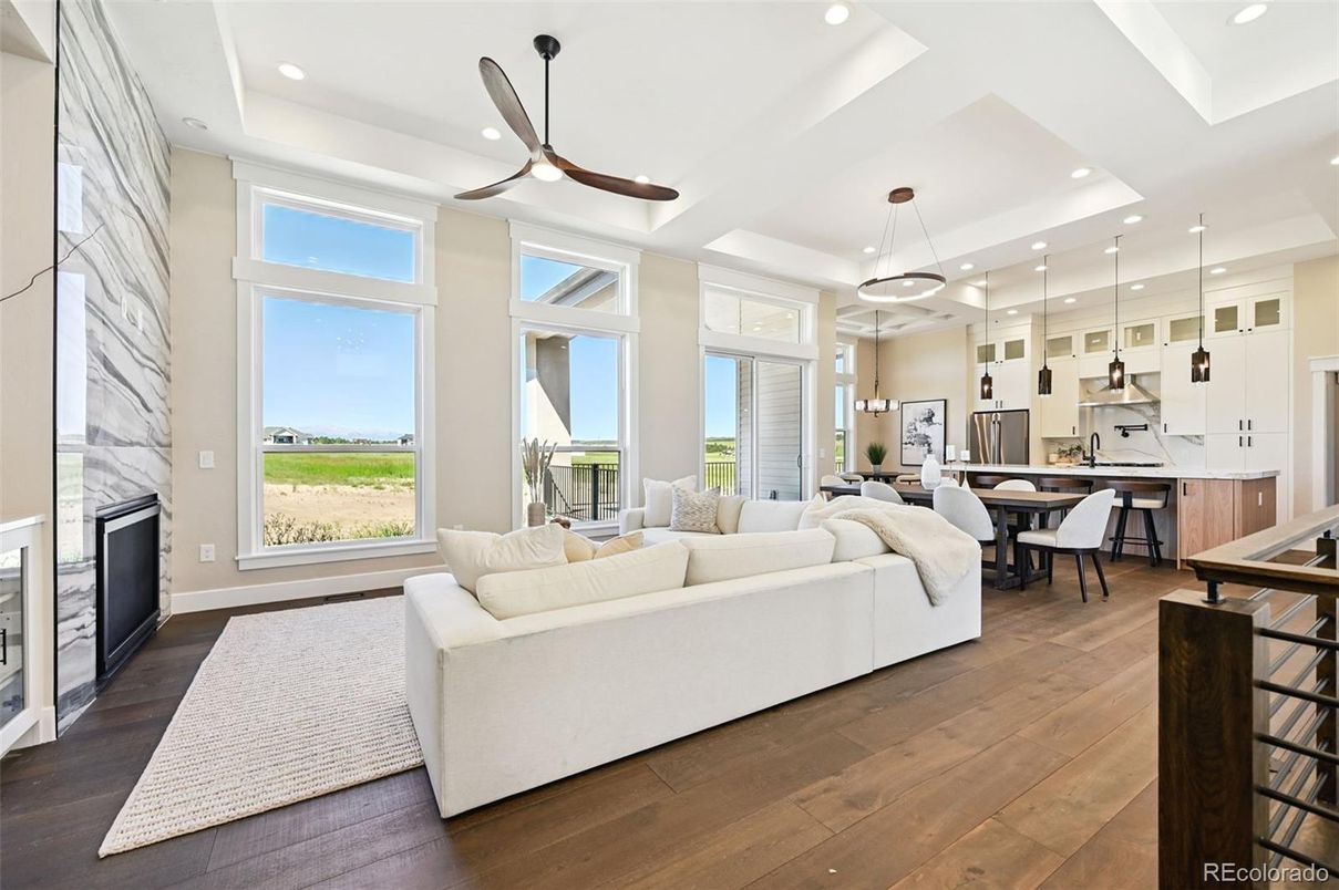 Dining room, Fireplace, Interior, Kitchen, Living room, Pendant Lights, Recessed Lighting, Wood Texture Flooring