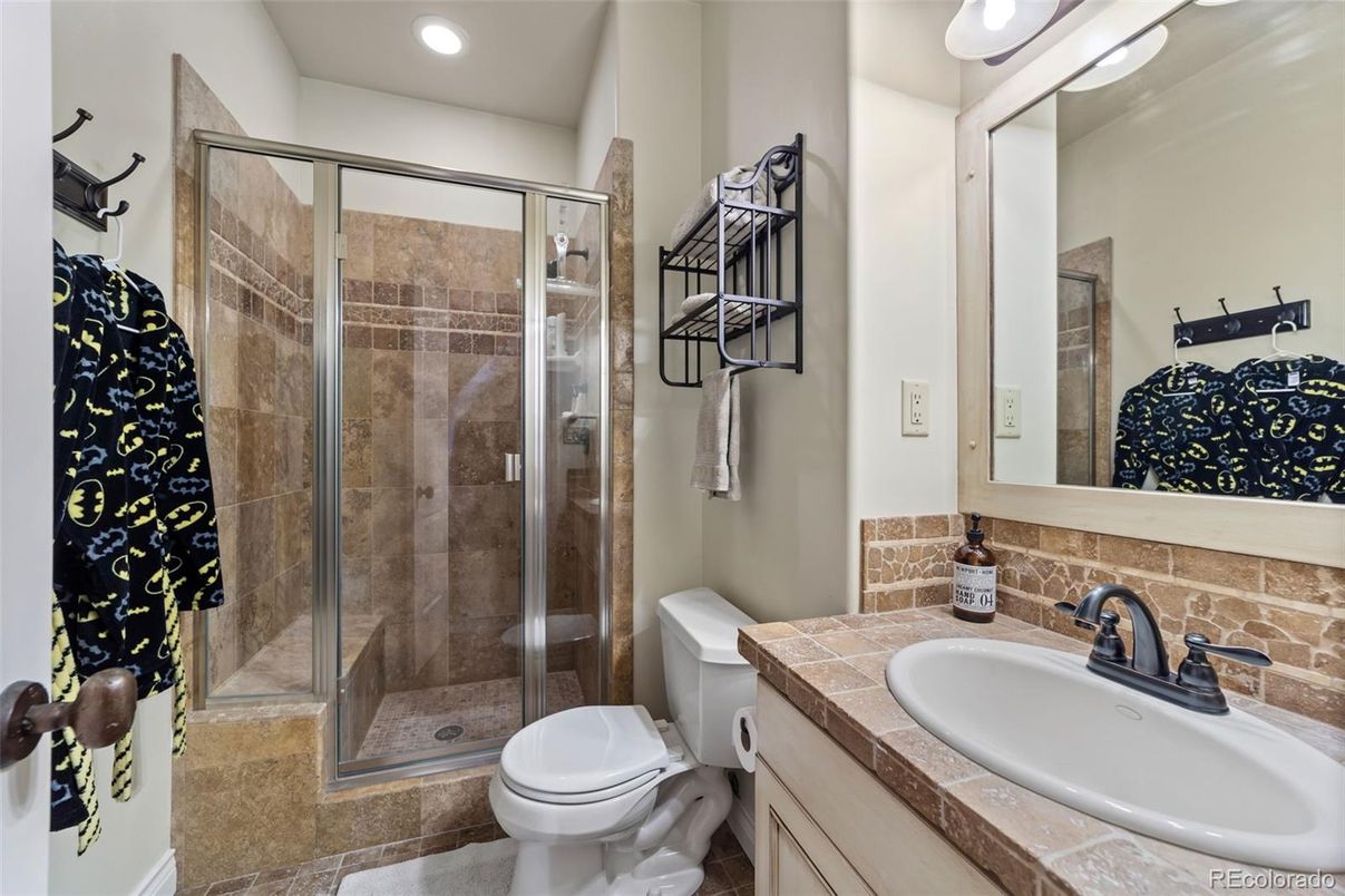 Bathroom, Glass Shower, Interior, Recessed Lighting, Tile Countertops