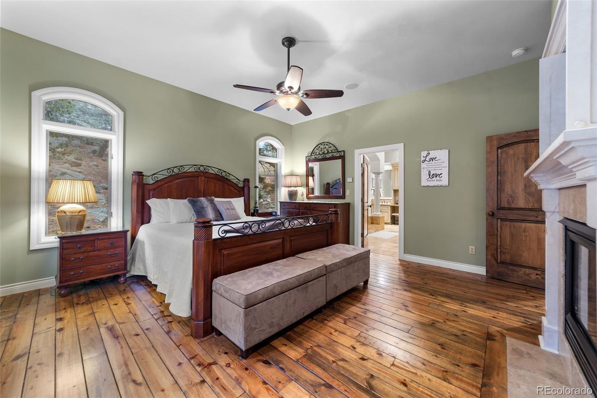 Bedroom, Fireplace, Interior, Wood Texture Flooring