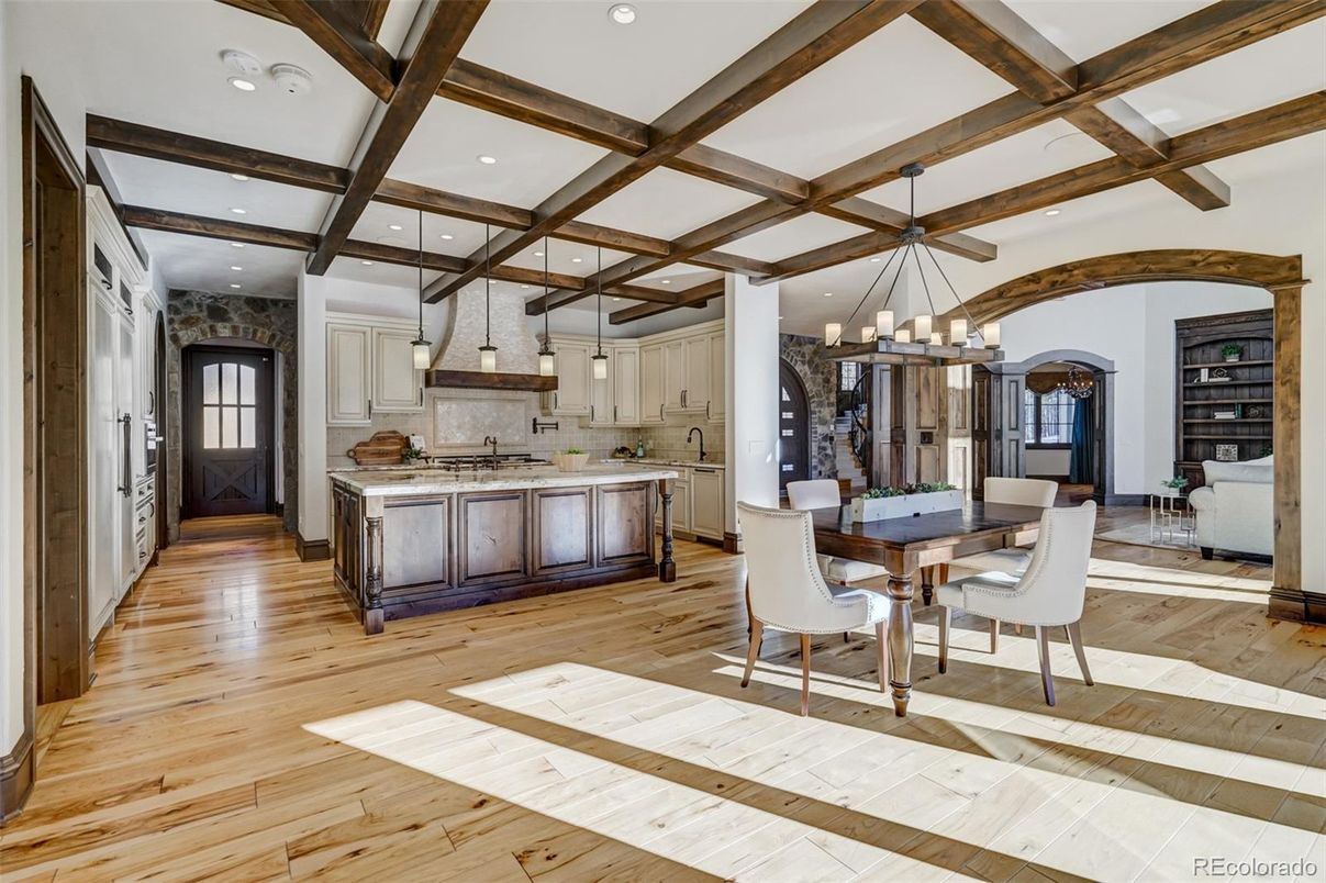 Chandelier, Dining room, Interior, Kitchen, Pendant Lights, Recessed Lighting, Wooden Beams, Wood Texture Flooring