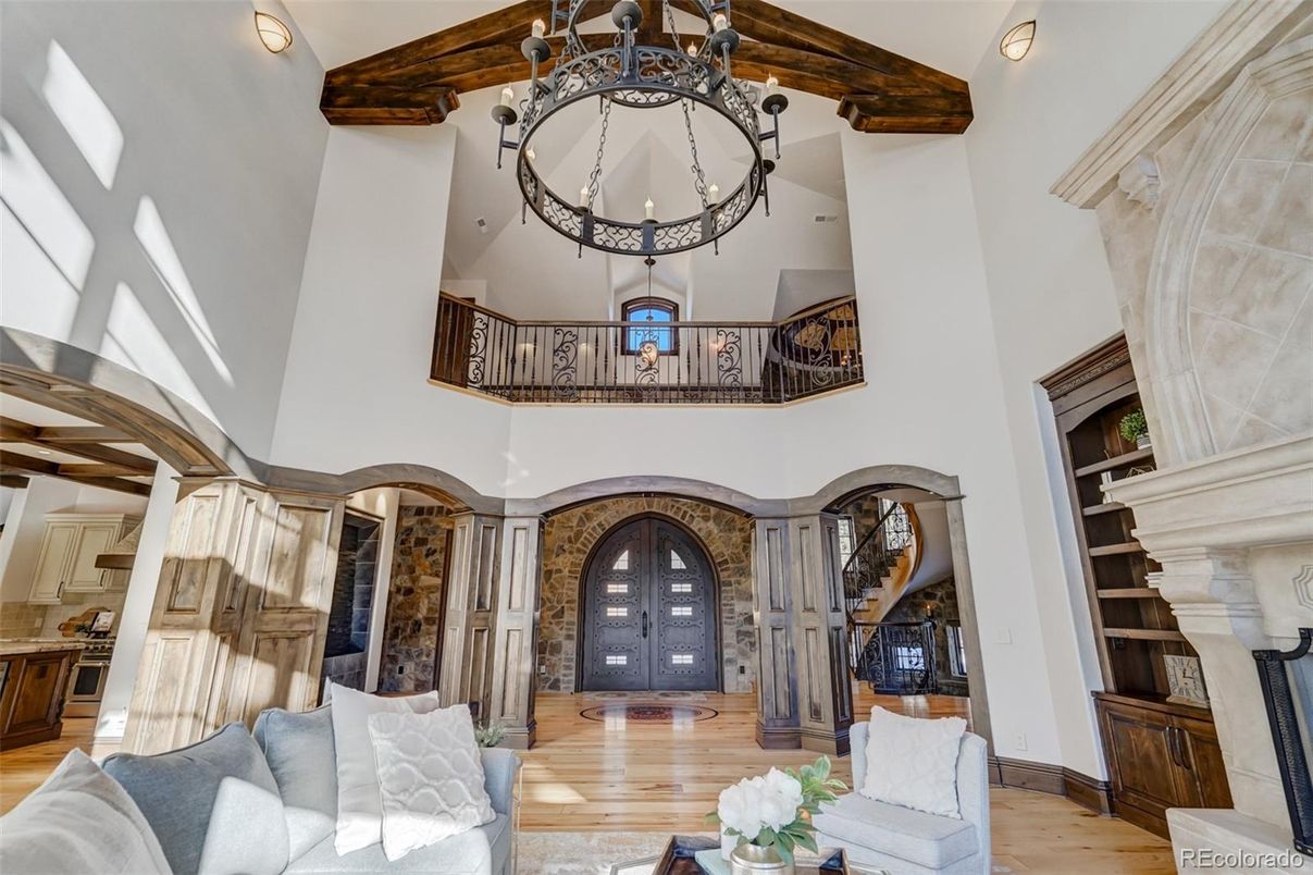 Chandelier, Fireplace, Interior, Wooden Beams, Wood Texture Flooring
