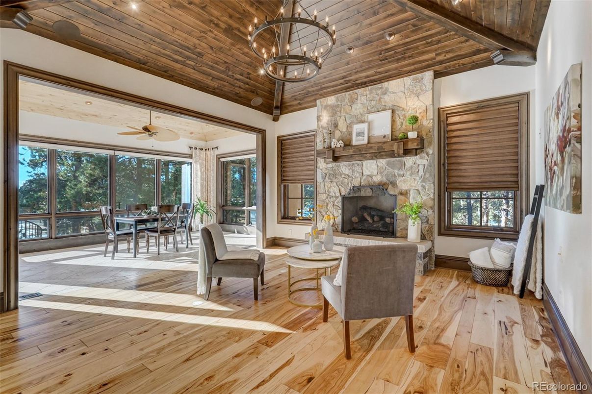 Dining room, Fireplace, Interior, Living room, Stone Walls, Wooden Beams, Wooden Ceilings, Wood Texture Flooring