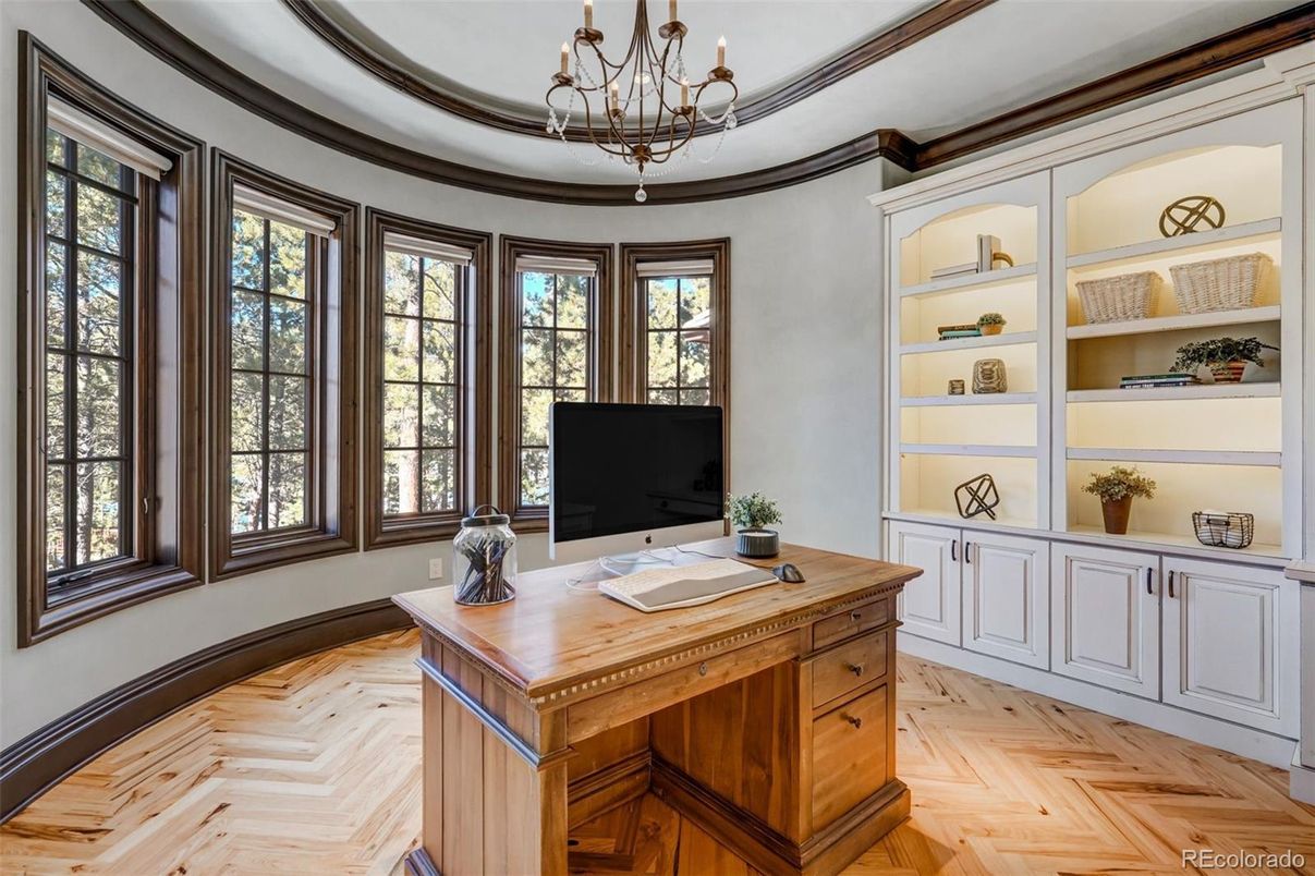 Chandelier, Home Office, Interior, Wood Texture Flooring