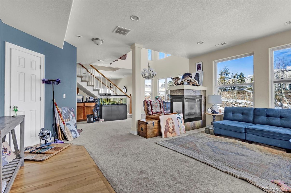 Chandelier, Fireplace, Interior, Recessed Lighting, Wood Texture Flooring