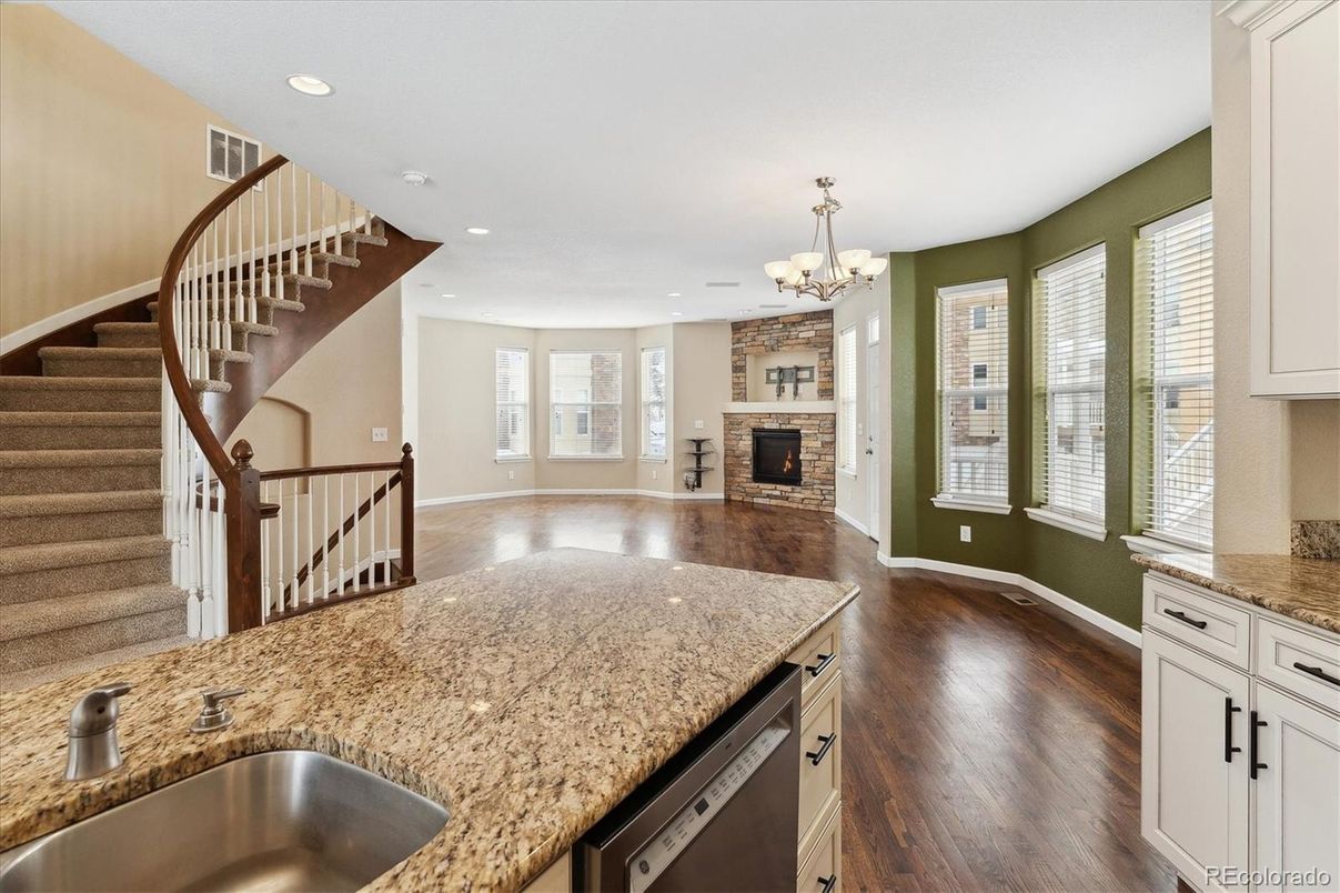 Chandelier, Fireplace, Interior, Recessed Lighting, Wood Texture Flooring