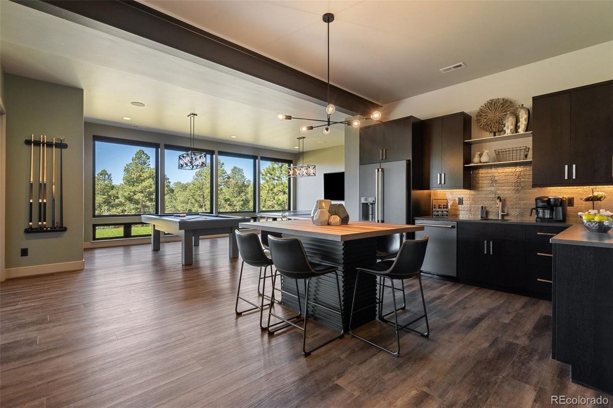 Billiard Table, Game Room, Interior, Kitchen, Pendant Lights, Recessed Lighting, Wood Texture Flooring