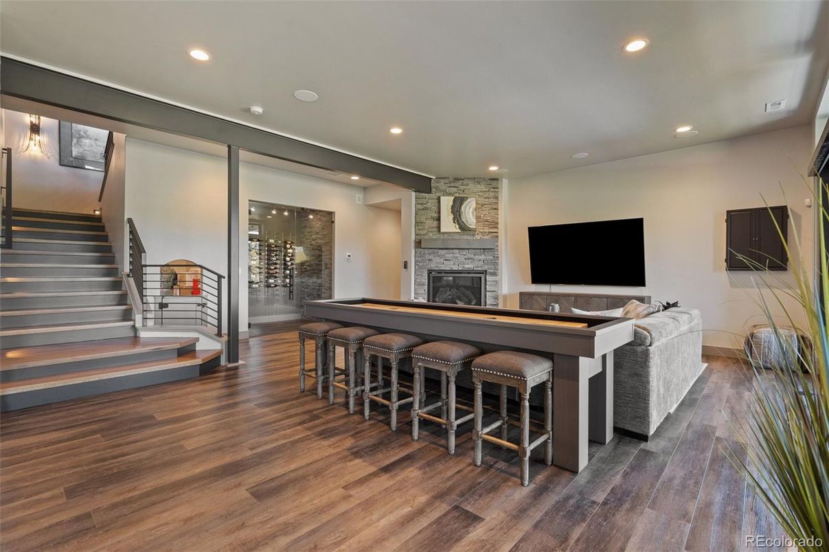 Fireplace, Interior, Recessed Lighting, Wood Texture Flooring