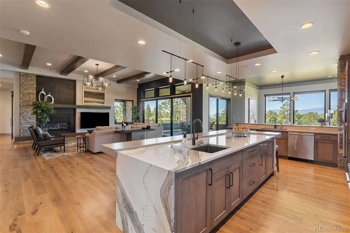 Fireplace, Interior, Kitchen, Living room, Pendant Lights, Recessed Lighting, Stainless Steel Appliances, Stone Walls, Wood Texture Flooring