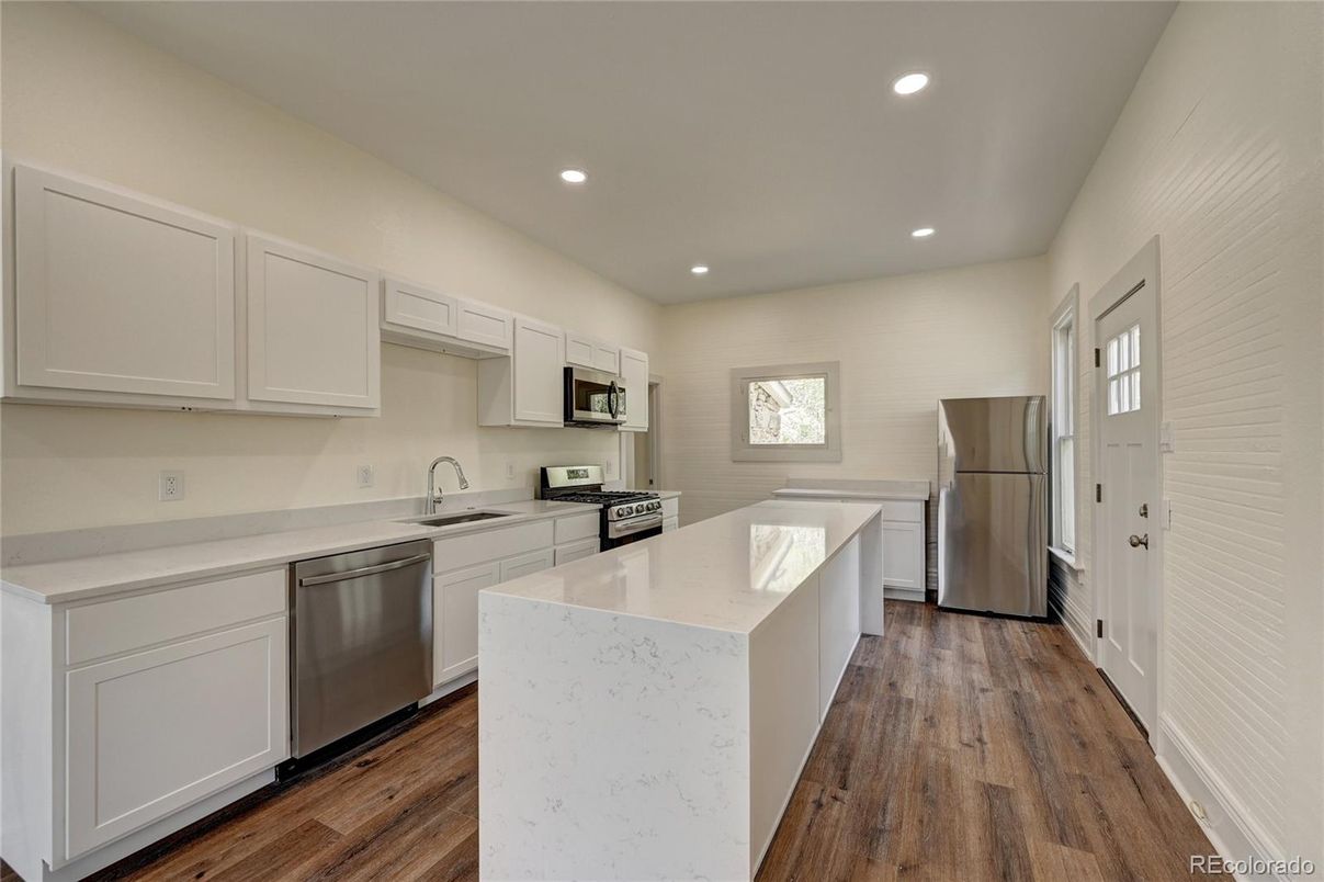 Interior, Kitchen, Recessed Lighting, Stainless Steel Appliances, Wood Texture Flooring