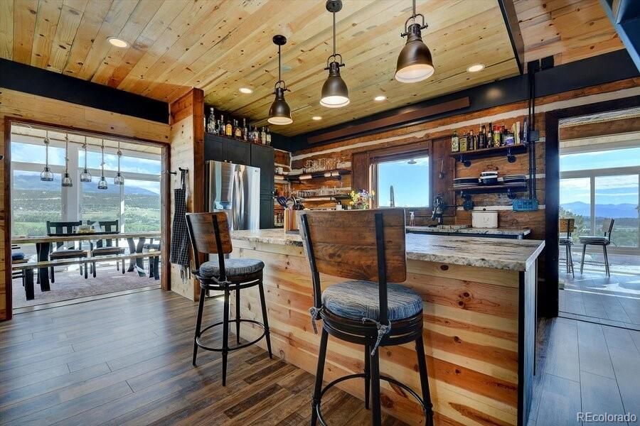 Dining room, Interior, Kitchen, Pendant Lights, Recessed Lighting, Wooden Ceilings, Wood Texture Flooring