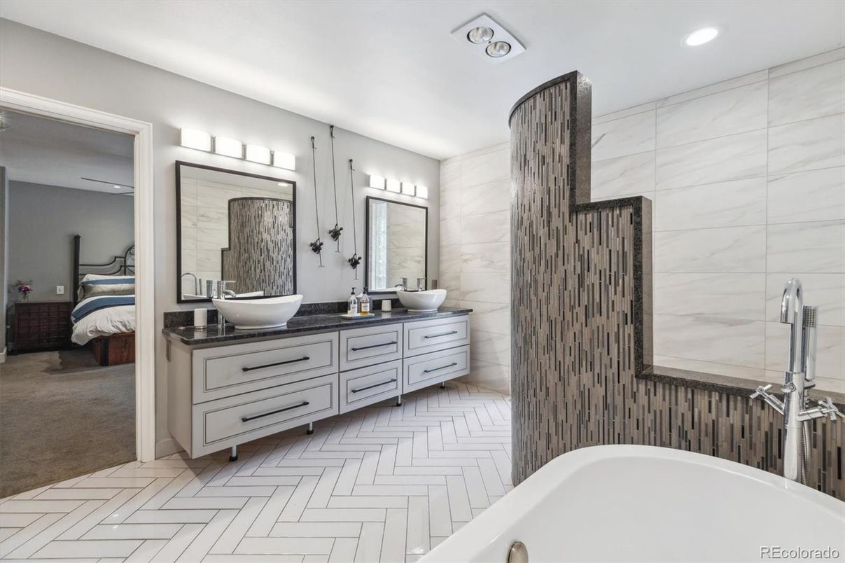 Bathroom, Dual Sink Vanities, Interior, Marble Walls, Recessed Lighting