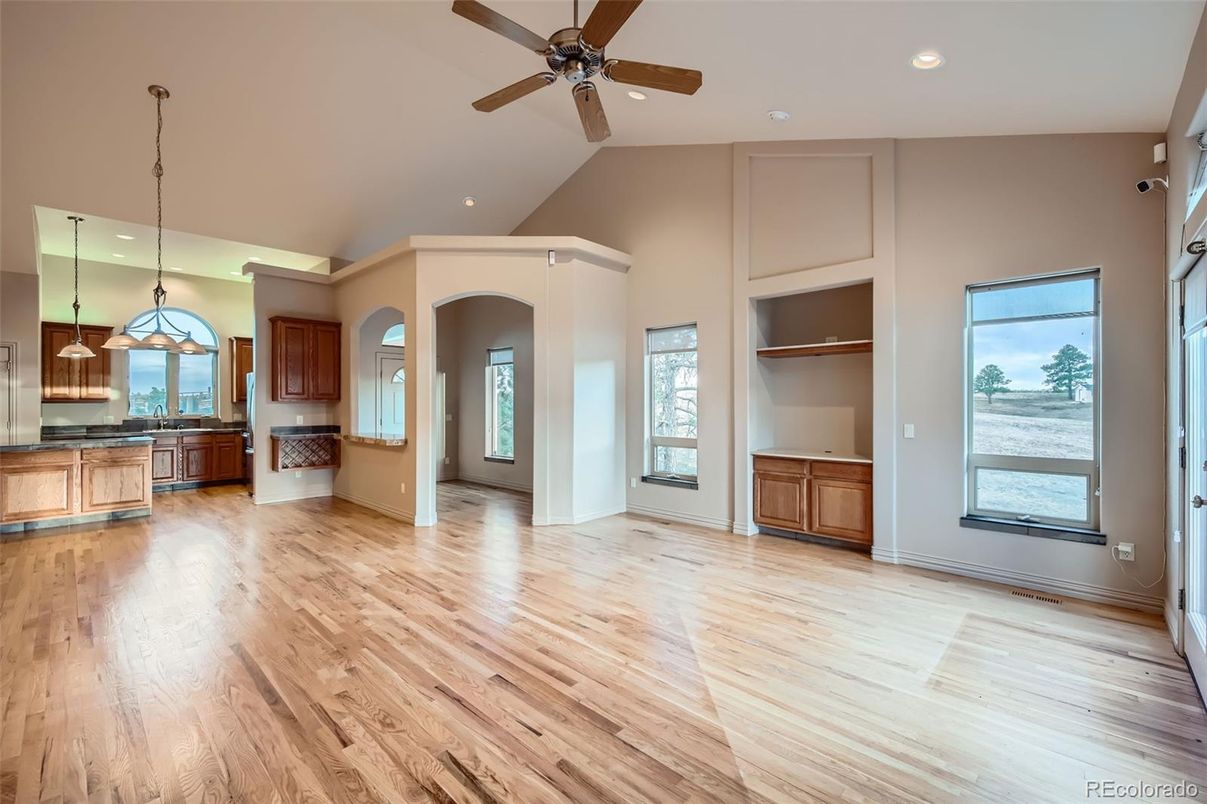Empty room, Interior, Kitchen, Pendant Lights, Recessed Lighting, Wood Texture Flooring