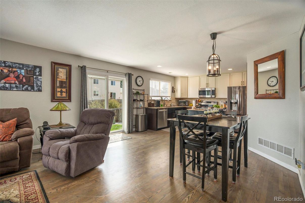 Dining room, Interior, Kitchen, Living room, Pendant Lights, Recessed Lighting, Stainless Steel Appliances, Wood Texture Flooring