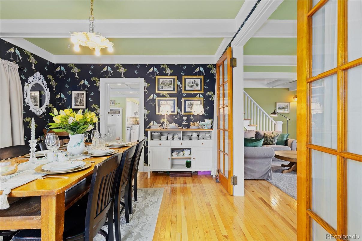 Dining room, Interior, Pendant Lights, Wood Texture Flooring