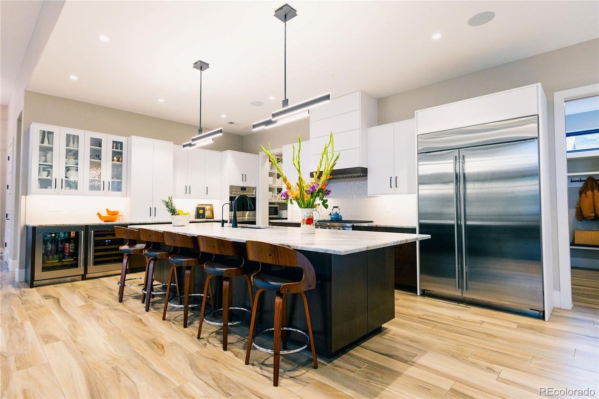 Interior, Kitchen, Pendant Lights, Recessed Lighting, Stainless Steel Appliances, Wood Texture Flooring
