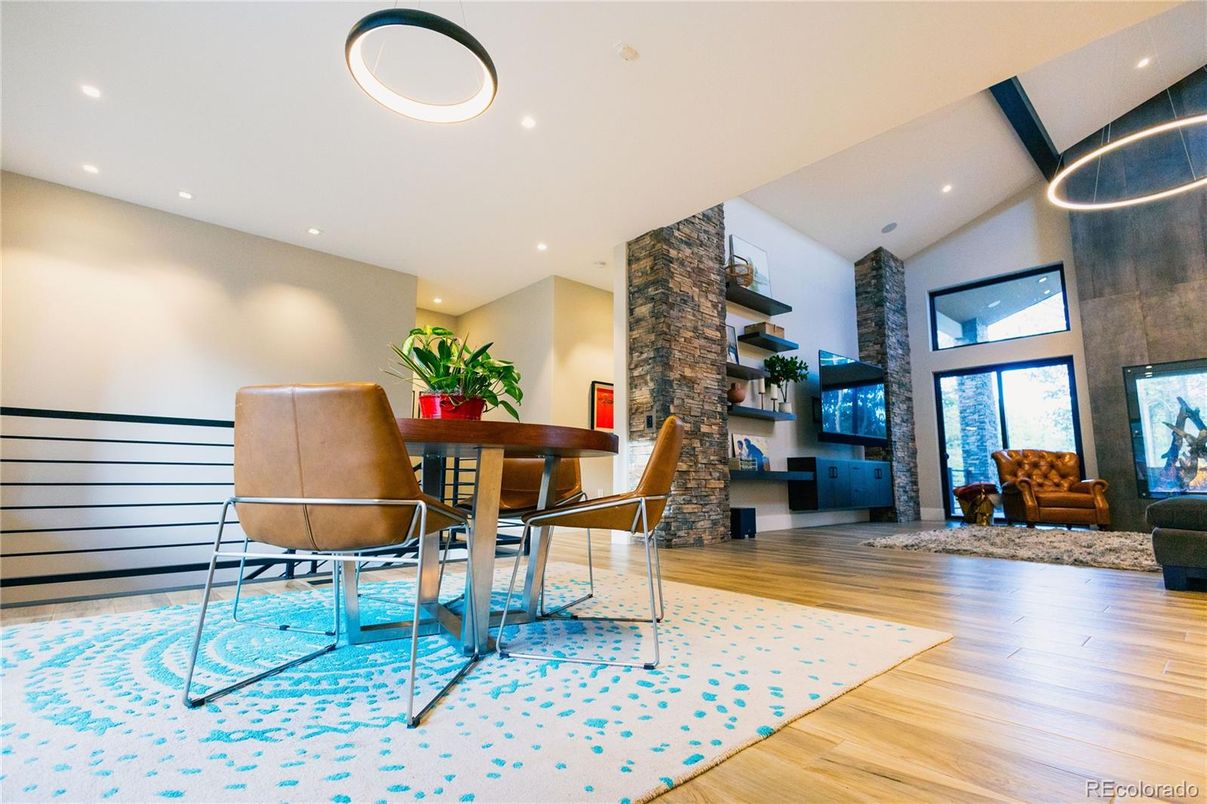 Dining room, Interior, Recessed Lighting, Wood Texture Flooring