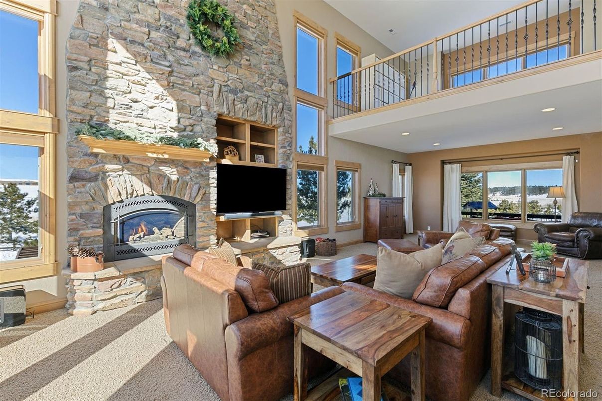 Fireplace, Interior, Living room, Recessed Lighting, Stone Walls