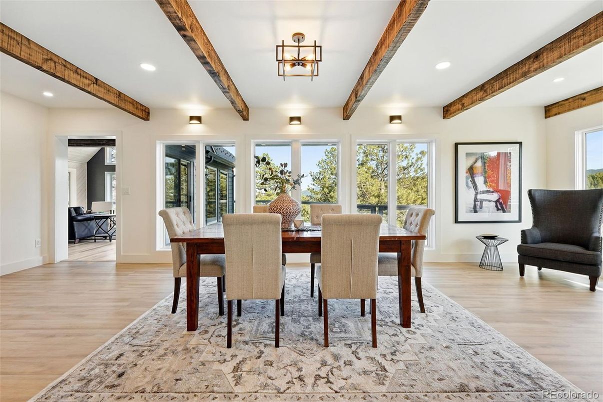 Dining room, Interior, Recessed Lighting, Wooden Beams, Wood Texture Flooring