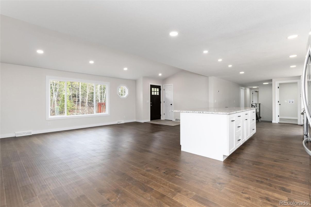 Empty room, Interior, Kitchen, Recessed Lighting, Wood Texture Flooring