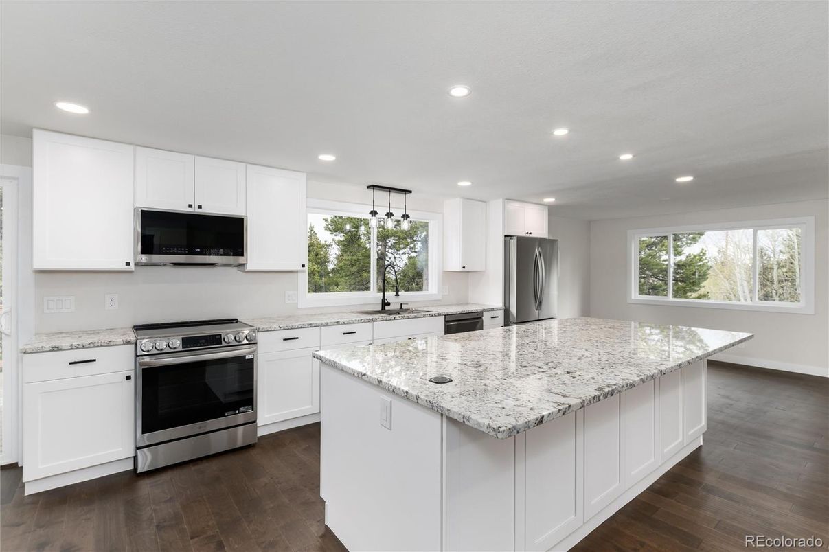 Interior, Kitchen, Recessed Lighting, Stainless Steel Appliances, Wood Texture Flooring