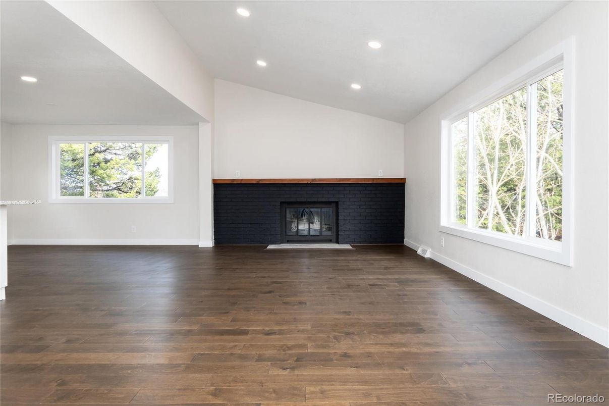 Empty room, Fireplace, Interior, Recessed Lighting, Wood Texture Flooring