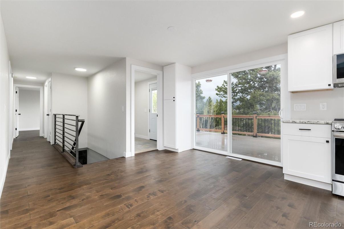 Empty room, Interior, Kitchen, Recessed Lighting, Wood Texture Flooring