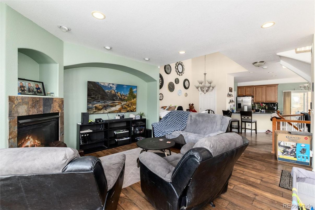 Dining room, Fireplace, Interior, Kitchen, Living room, Pendant Lights, Recessed Lighting, Wood Texture Flooring