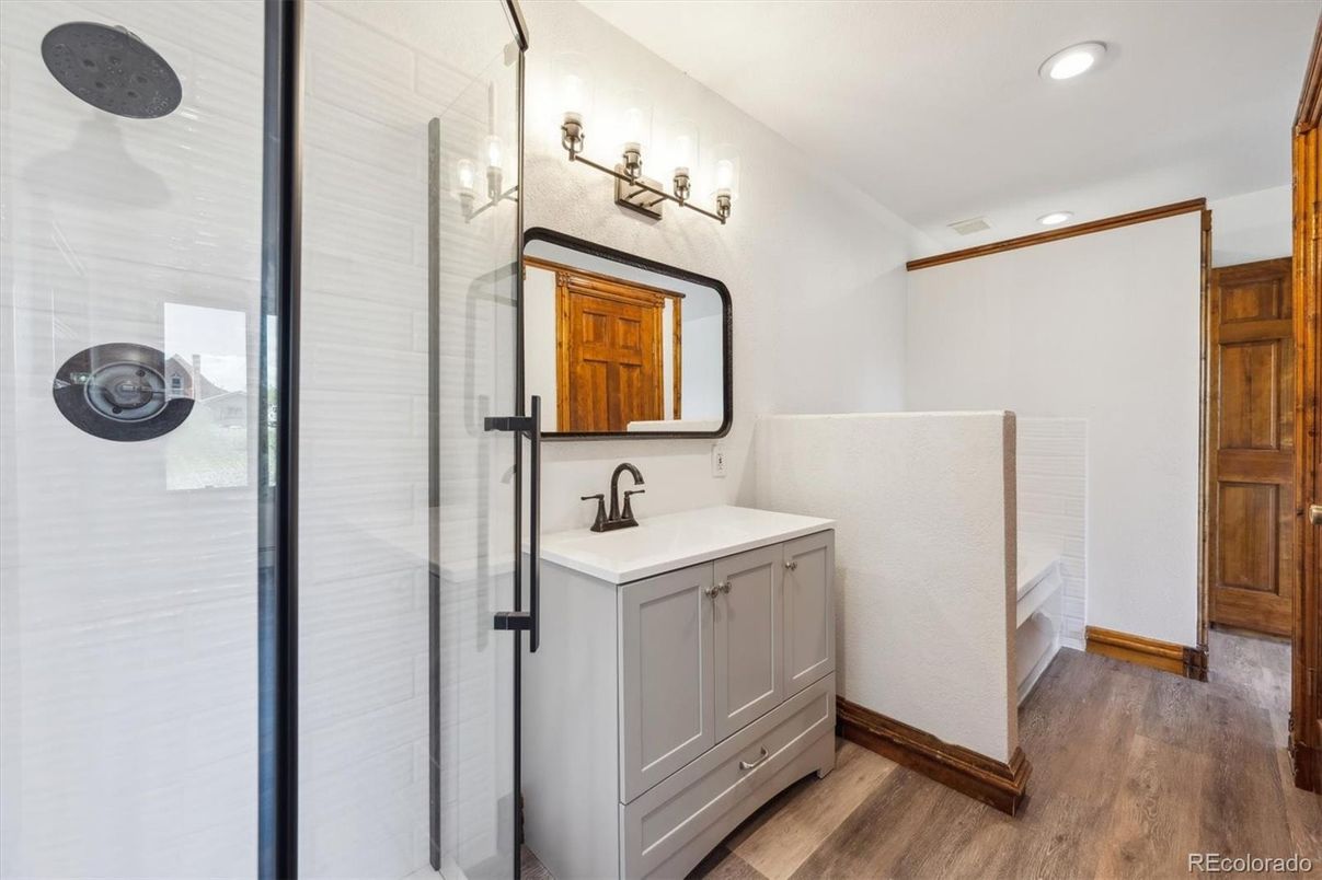 Bathroom, Glass Shower, Interior, Recessed Lighting, Wood Texture Flooring