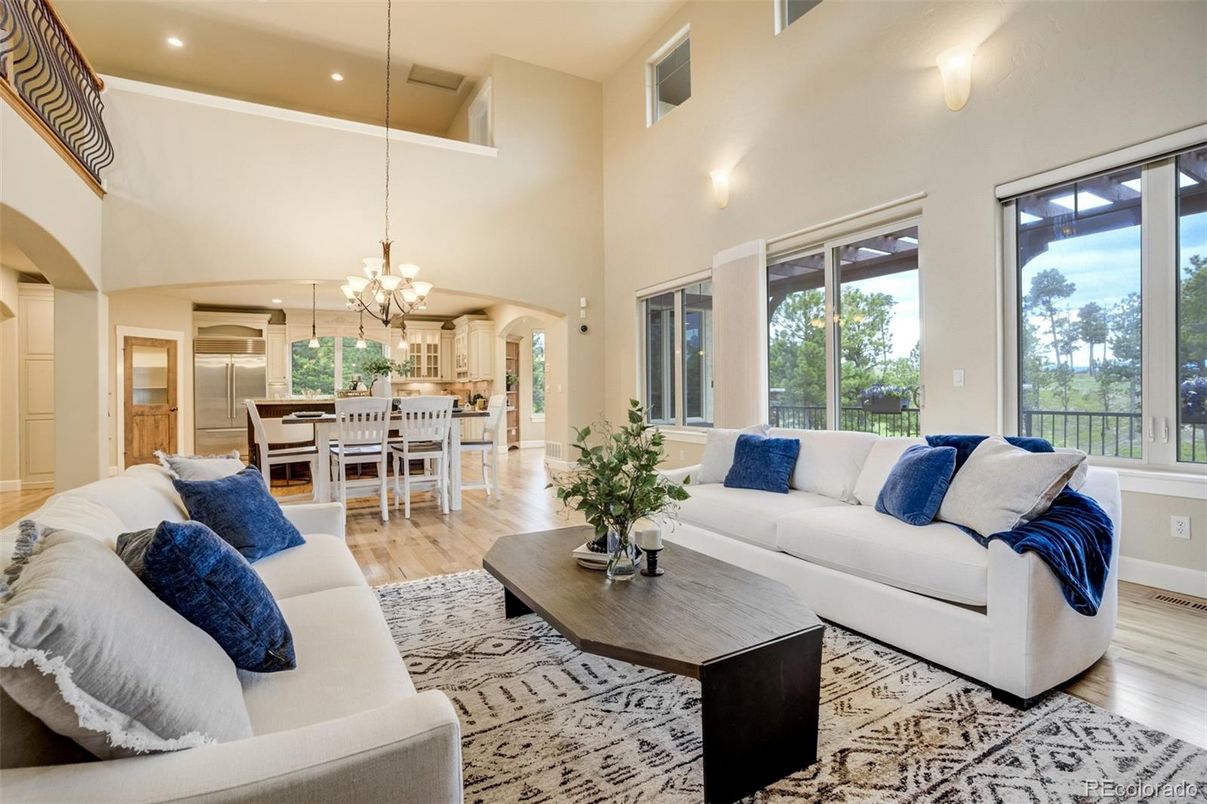 Chandelier, Dining room, Interior, Kitchen, Living room, Pendant Lights, Recessed Lighting, Wood Texture Flooring