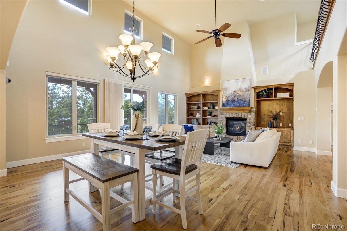 Chandelier, Dining room, Fireplace, Interior, Living room, Wood Texture Flooring