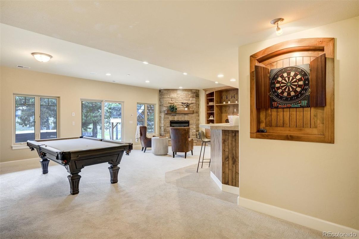 Billiard Table, Fireplace, Game Room, Interior, Recessed Lighting, Stone Walls