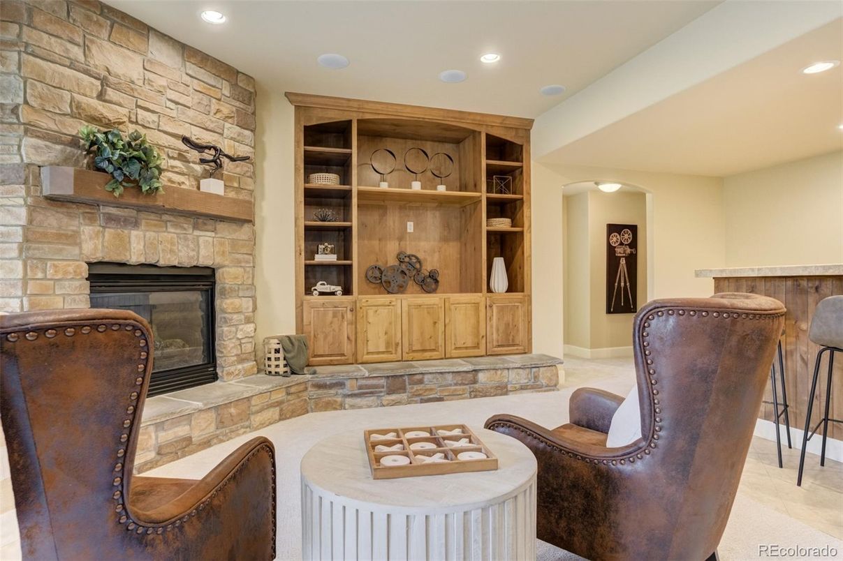 Fireplace, Interior, Recessed Lighting, Stone Walls