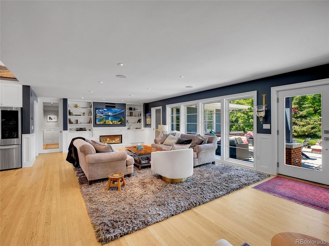 Fireplace, Interior, Living room, Recessed Lighting, Wood Texture Flooring
