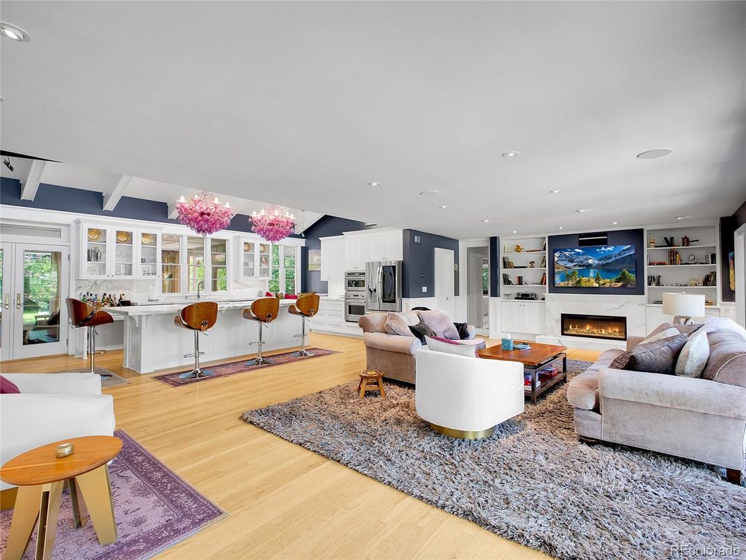 Fireplace, Interior, Living room, Recessed Lighting, Wood Texture Flooring