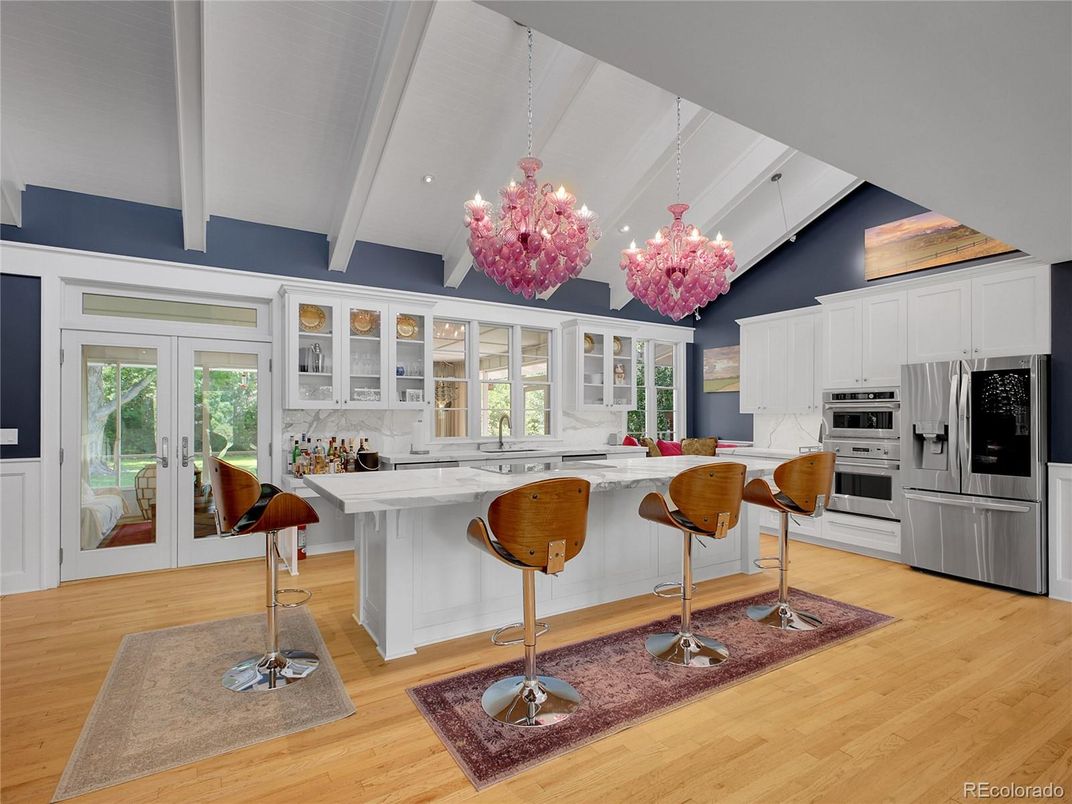 Chandelier, Interior, Kitchen, Recessed Lighting, Stainless Steel Appliances, Wood Texture Flooring