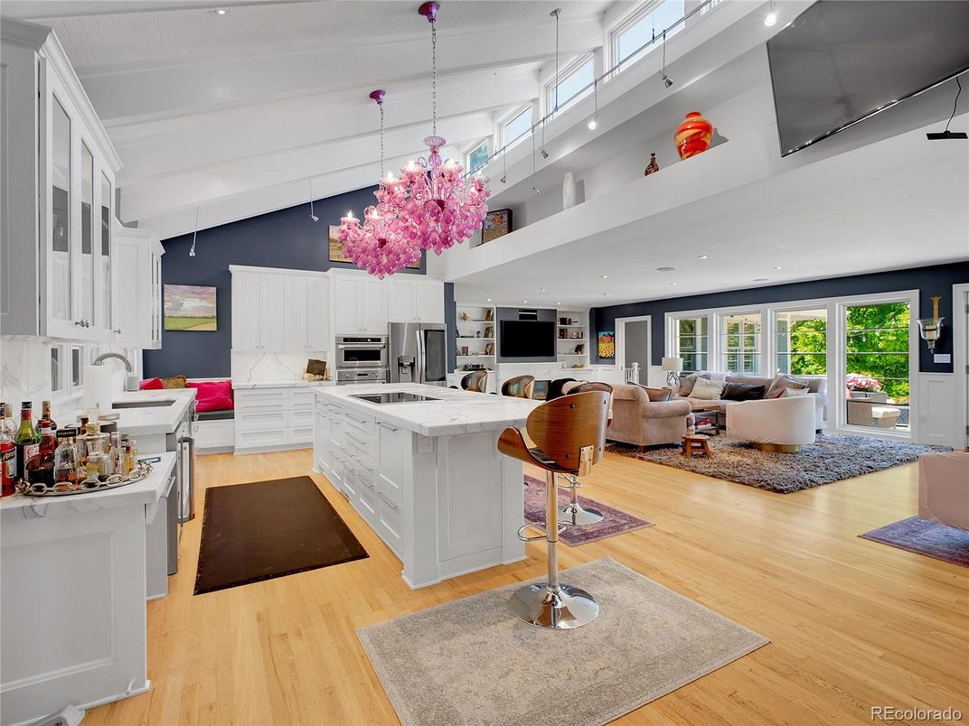 Chandelier, Interior, Kitchen, Living room, Pendant Lights, Recessed Lighting, Stainless Steel Appliances, Wood Texture Flooring