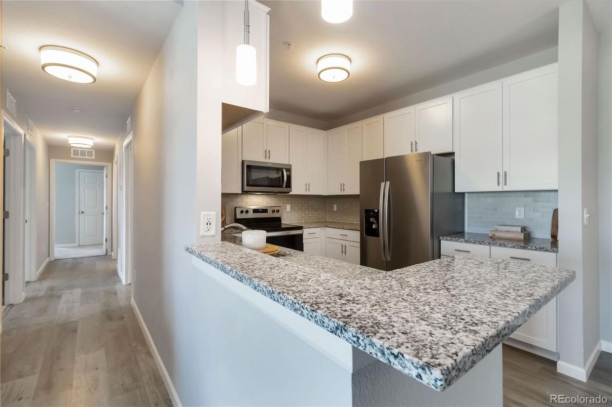 Interior, Kitchen, Pendant Lights, Stainless Steel Appliances, Wood Texture Flooring