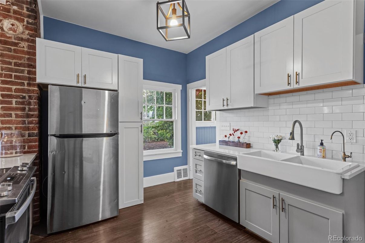 Interior, Kitchen, Stainless Steel Appliances, Stone Walls, Wood Texture Flooring