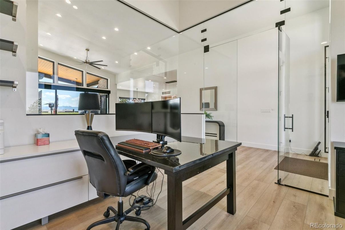 Home Office, Interior, Pendant Lights, Recessed Lighting, Wood Texture Flooring
