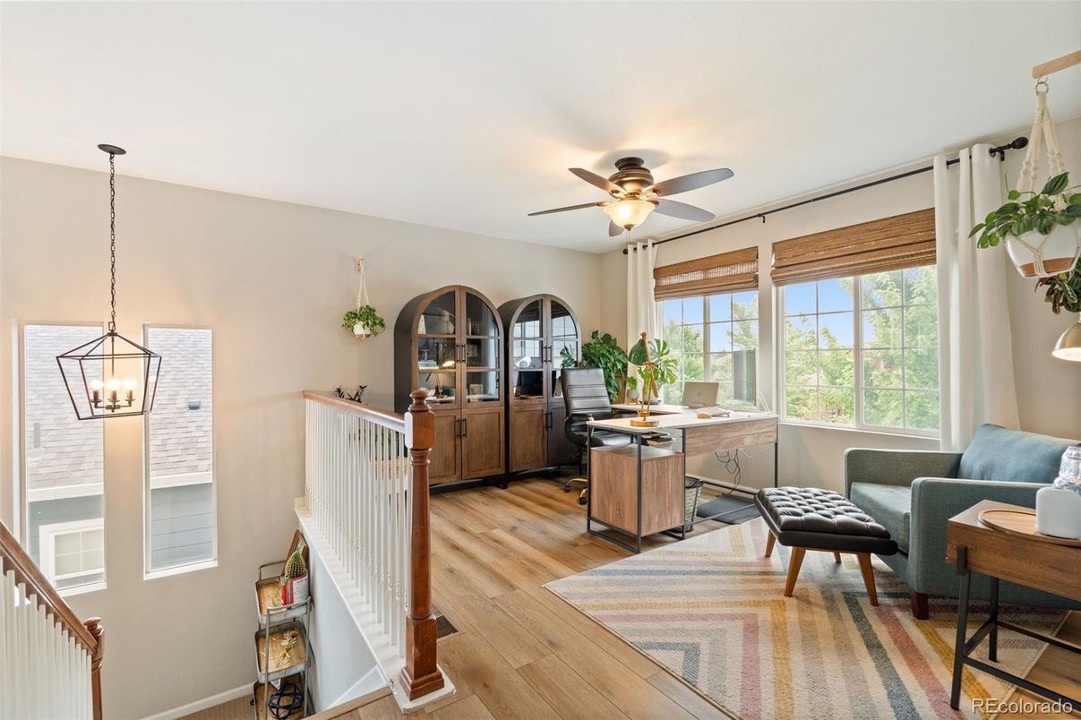 Home Office, Interior, Pendant Lights, Wood Texture Flooring
