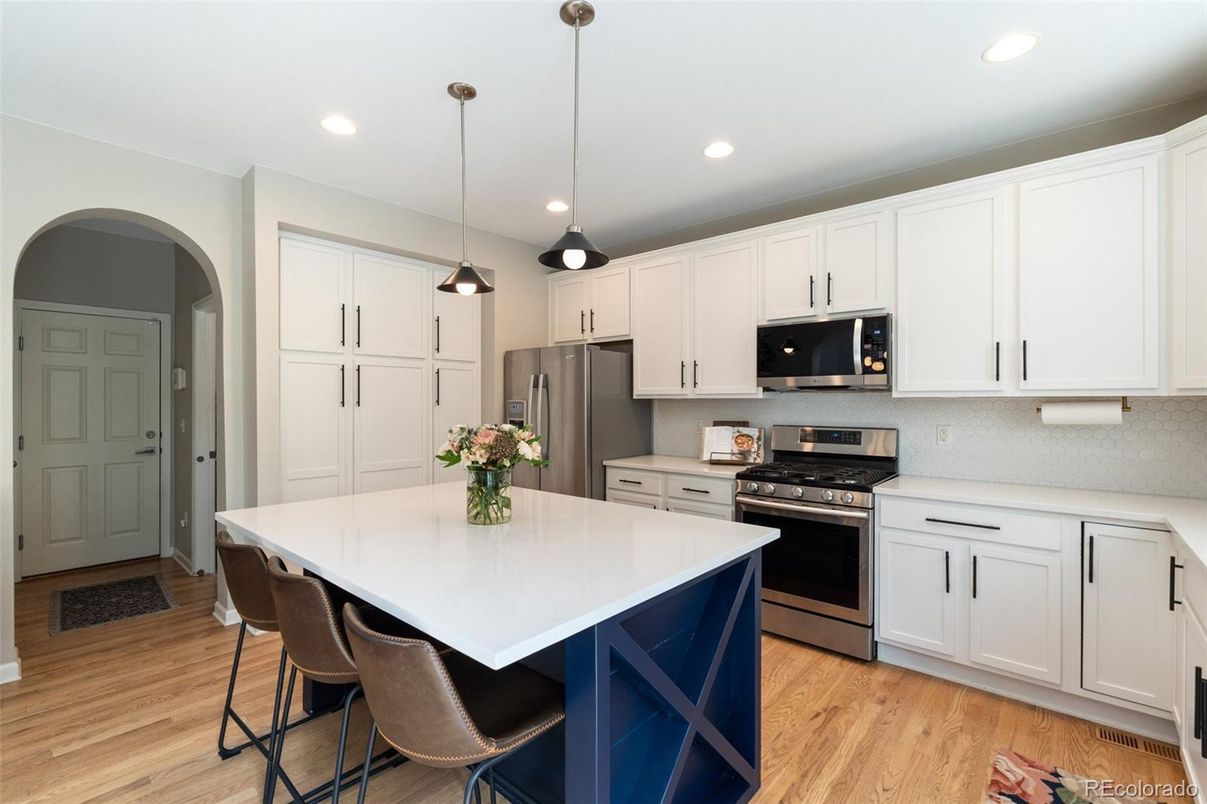 Interior, Kitchen, Pendant Lights, Recessed Lighting, Stainless Steel Appliances, Wood Texture Flooring