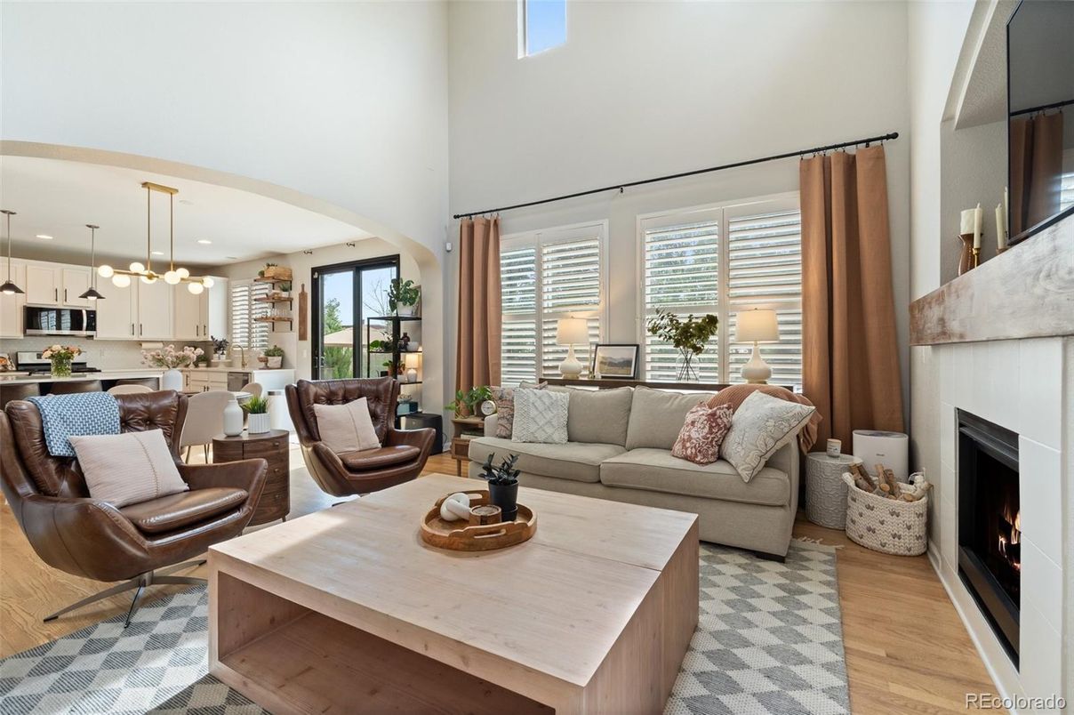 Dining room, Fireplace, Interior, Kitchen, Living room, Pendant Lights, Recessed Lighting, Wood Texture Flooring