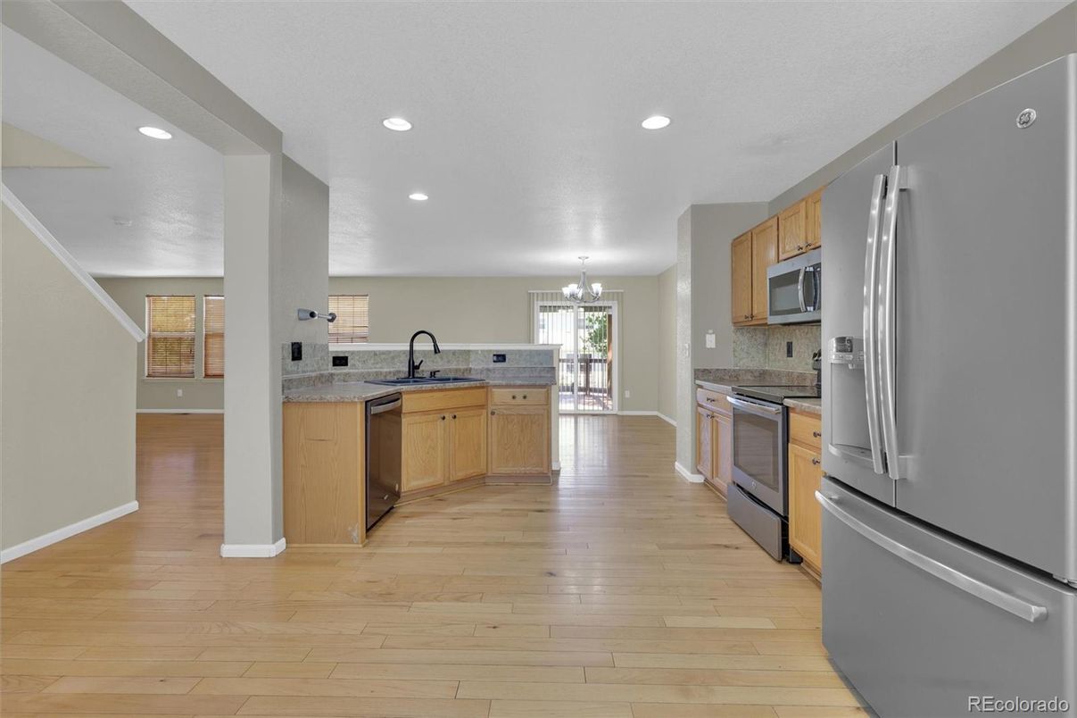 Chandelier, Interior, Kitchen, Recessed Lighting, Wood Texture Flooring